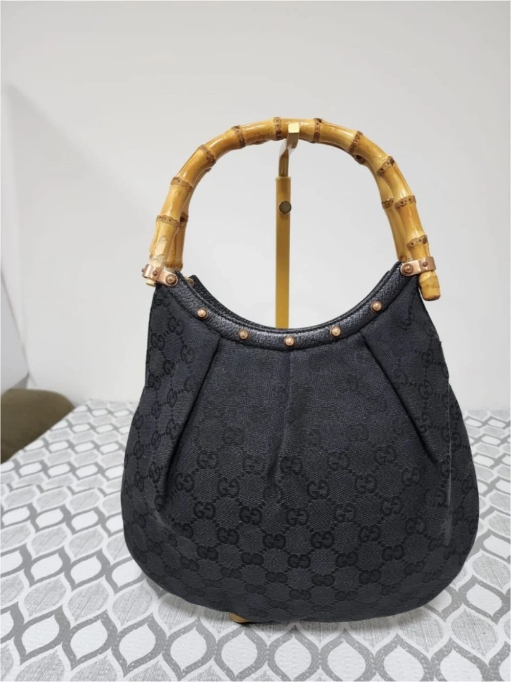 Authentic Gucci Bamboo Canvas Hobo Bag Black